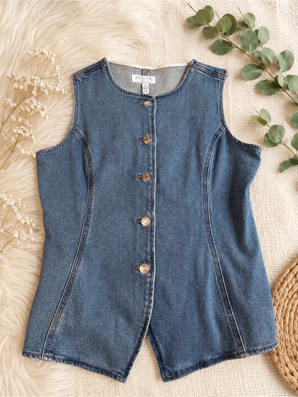 sofia by sofia vergara Blue Denim Button-Front Sleeveless Jean Vest